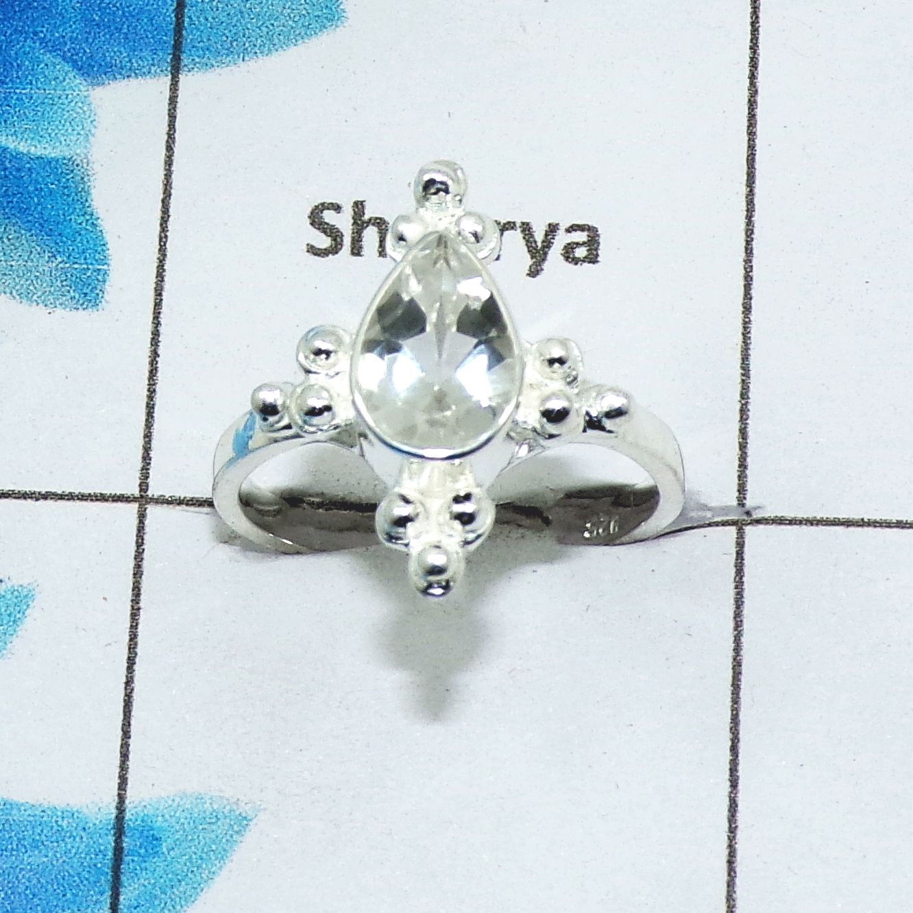 Ring Size 7 - Crystal Quartz Cut W - BDR948- New Small Ring Design Pear Shape Solid 925 Silver Dainty Gemstone Ring